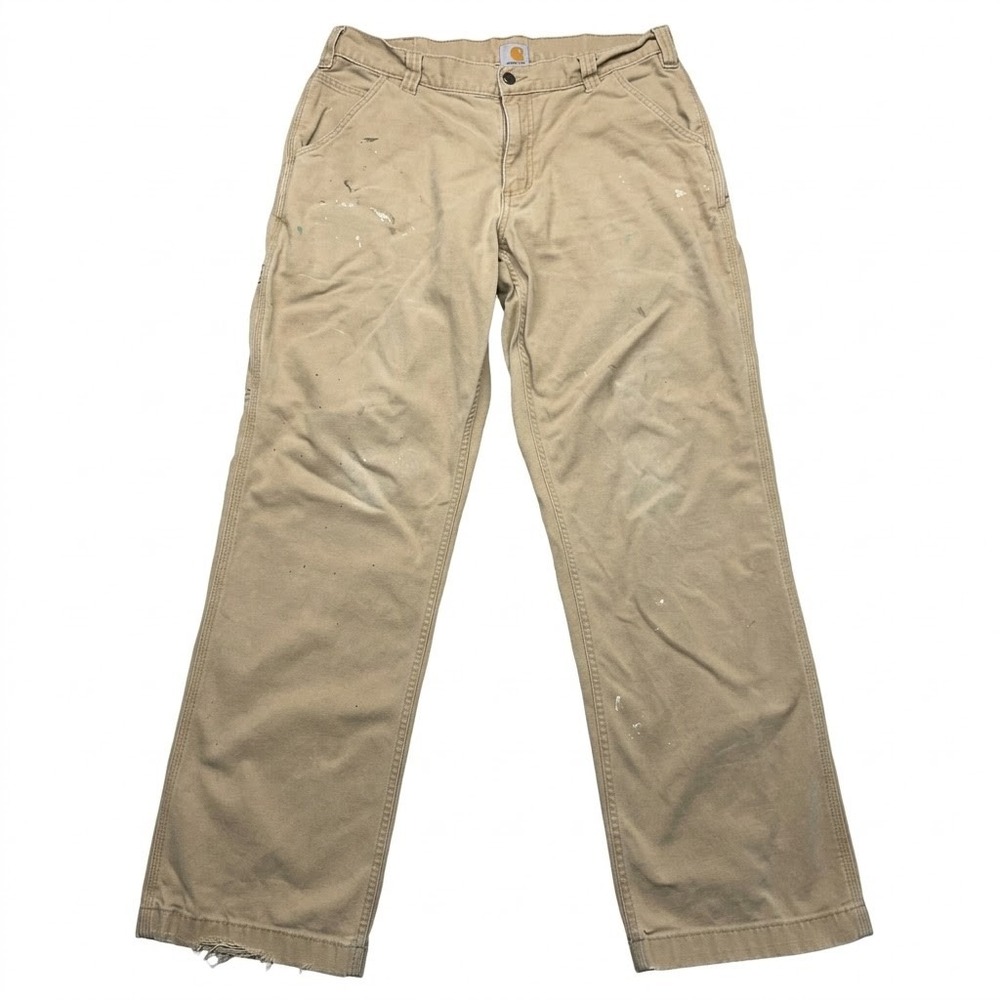 Carhartt 102291 253 34x32 Relaxed Fit Tan Canvas Work Pant Paint Splatter Frayed
